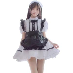 YAISHN メイド服 ゴスロリ ワンピース ハロウィン 仮装 レディース 可愛い ロリータ コスプレ 半袖 ニーハイソックス付き カチューシャ (S｜amasare-shop