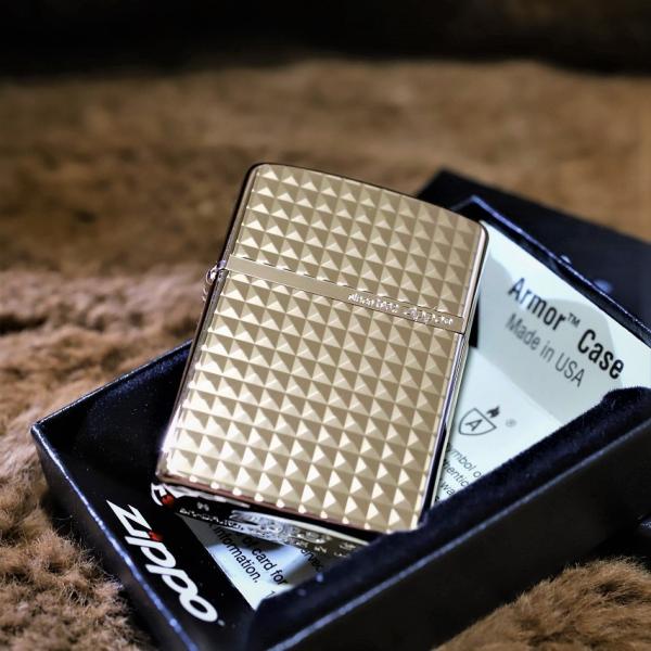 Armor ZIPPO 重厚アーマー ダイヤモンドカット ピンクゴールド 両面彫刻 PKG スタンダ...