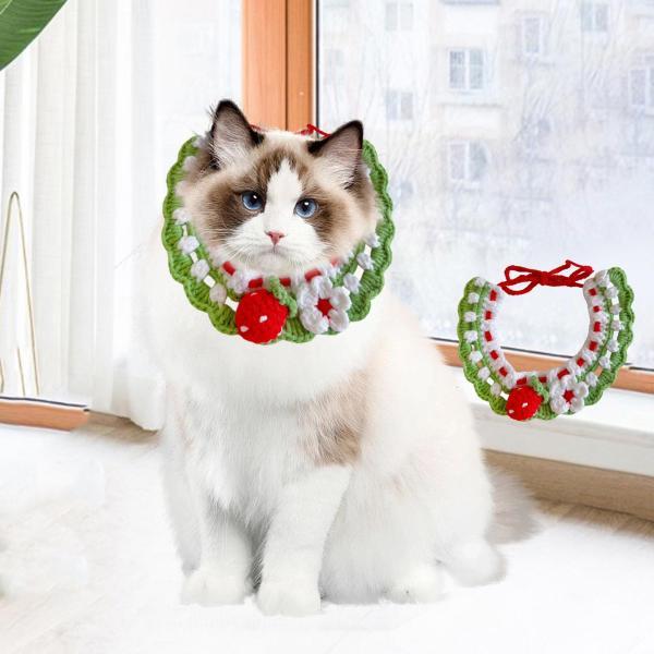 ニット猫首輪 手作り編み首輪 お祭り アウトドア 写真撮影用小道具 イチゴ