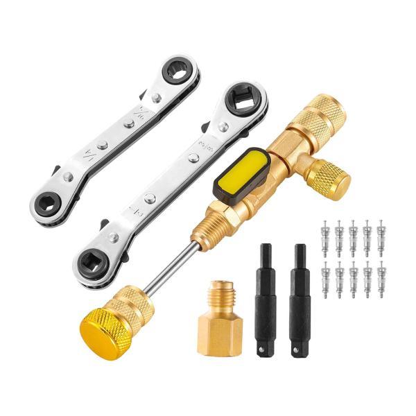 バルブコアリムーバーインストーラーツール、ダブルサイズSAE 1/4および5/16ポート冷凍サービス...