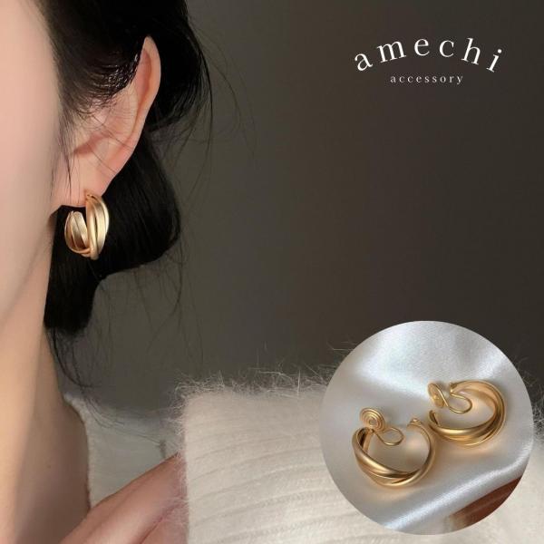 イヤリング 痛くない 40代 50代 フープ 大ぶり 大きめ ノンホールピアス ピアス見え ゴールド...