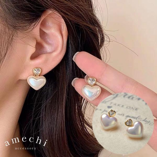 イヤリング 痛くない 40代 50代 大ぶり 大きい ジルコニア パール 真珠 ハート ノンホール ...
