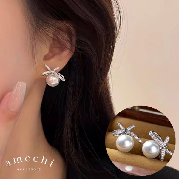 イヤリング 痛くない 40代 50代 大ぶり 大きい ジルコニア パール 真珠 リボン ノンホール ...