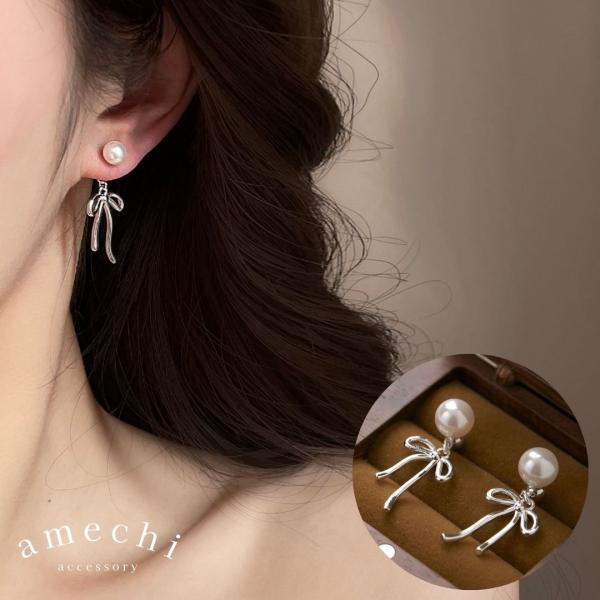 イヤリング 痛くない 40代 50代 揺れる 大ぶり 大きい パール 真珠 リボン ノンホール ピア...