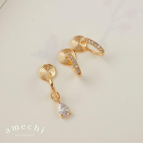 イヤリング 痛くない 40代 50代 フープ 揺れる ジルコニア ノンホール ピアス見え ゴールド ...