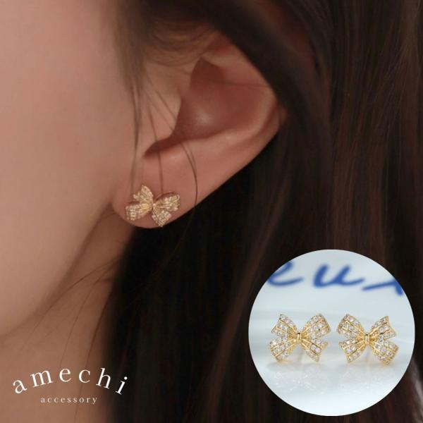 イヤリング 痛くない 40代 50代 ジルコニア リボン ノンホール ピアス見え ゴールド クリップ...