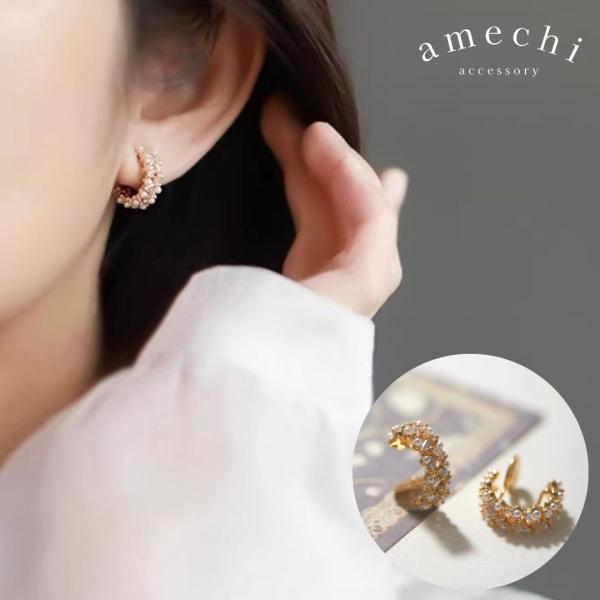 イヤリング 痛くない 40代 50代 フープ ジルコニア パール 真珠 ノンホール ピアス見え ゴー...