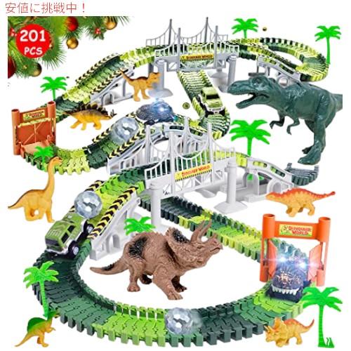 【並行輸入品】デスカス 恐竜トラックトレインセット、201個のフレキシブルトラックと2つのレースカー...