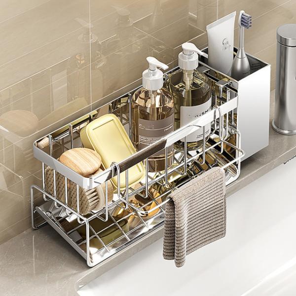 バスルームのシンク収納ラック金属排水ラックカトラリーコンテナ食器洗いスポンジホルダーキッチンカウンタ...