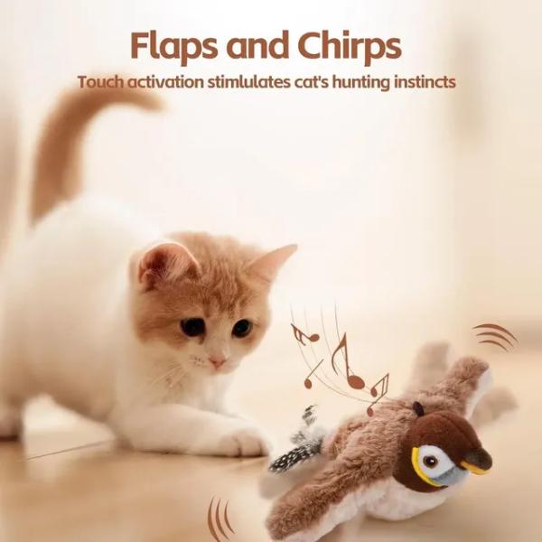 インタラクティブ猫のおもちゃ充電式電気羽ばたき翼鳥猫のおもちゃ音さえずる鳥イヌハッカタッチ活性化ぬい...