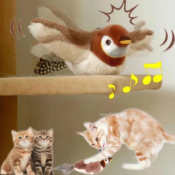 インタラクティブ猫のおもちゃ充電式電気羽ばたき翼鳥猫のおもちゃ音さえずる鳥イヌハッカタッチ活性化ぬい...