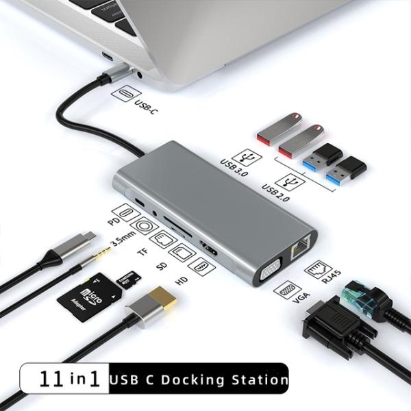 USB C 11 in 1 ドッキングステーション、4K UHD+VGA+PD+USB+RJ45 イ...