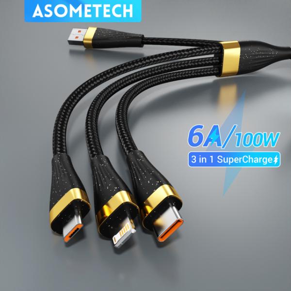 ASOMETECH 3 in 1 USB Charge Cable 6A 100W for Huaw...