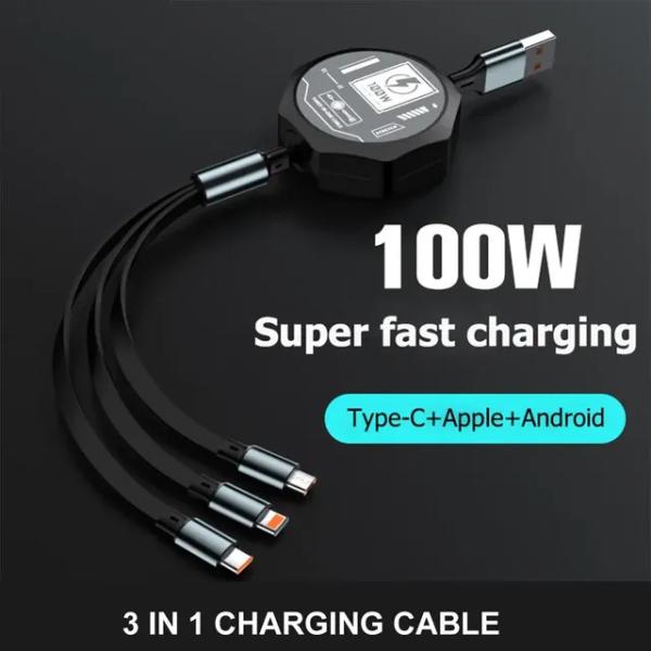 3 In 1 Retractable Usb 100W Cable Fast Charging An...