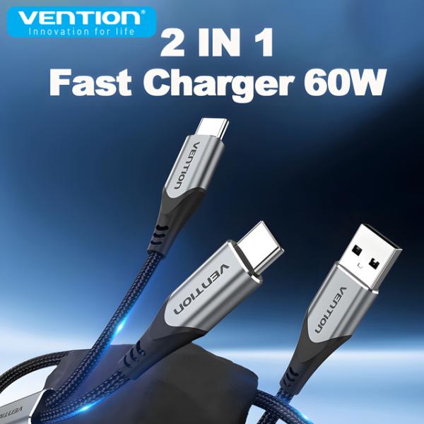 Vention 2 IN 1 60W USB A to Double Type C Fast Cha...