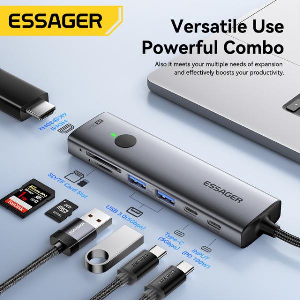 Essager USB C HUB 4K 7-in-1 Type C to HDMI PD 100W...