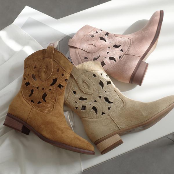 ショートブーツ レディース パンチング ウエスタンブーツ ショート スエード 春夏秋冬 刺繍 ポイン...