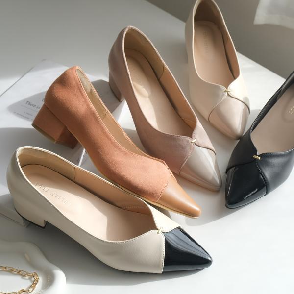 パンプス  ポインテッドトゥ Vカットゴールドモチーフ3.5センチヒールレディース 歩きやすい 疲れ...