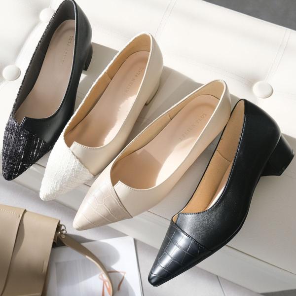 パンプス ポインテッドトゥ バイカラー 太ヒール 異素材 疲れない 通勤 おすすめ レディース 歩き...