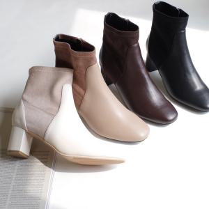 ショートブーツ レディース 異素材 切り替え スクエアトゥ ストレッチ ブーツ 秋冬 ストレッチ 伸縮 太ヒール アミアミ