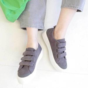 F厚底 スニーカー レディース 黒 ベルクロ コーデュロイ