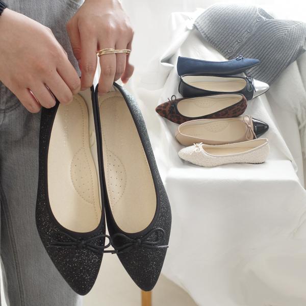 バレエシューズ パンプス レディース 黒 リボン 痛くない ローヒール フラット ポインテッド 21...
