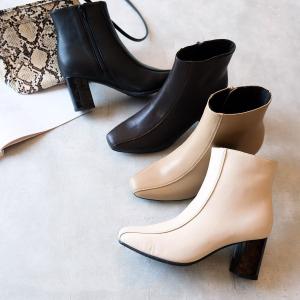 スクエアトゥ べっ甲ヒール ショートブーツ レディース