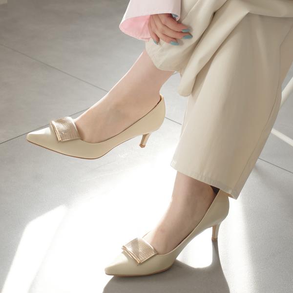 パンプス モチーフ付 ポインテッドトゥパーティ オケージョン ヒール  レディース バイカラー 異素...