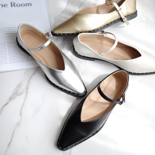 パンプス フラットシューズ レディース スタッズ Vカット ローヒール ポインテッドトゥ 黒 アミア...