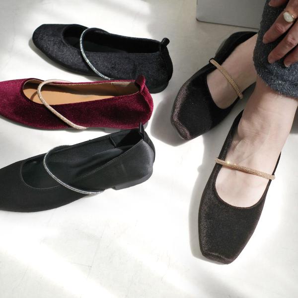 パンプス  ラインストーン ローヒール  バブーシュ 1.5センチヒール ストラップ レディース 履...