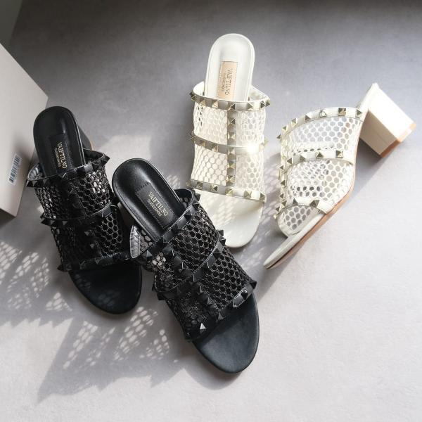 ミュールサンダル　本革 メッシュ ピラミッドスタッズ  レディース 歩きやすい 履きやすい　6センチ...