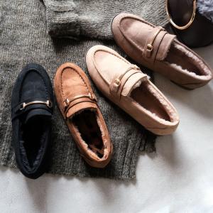 内ファー ビット付き ローファー レディース 秋冬 ぺたんこ