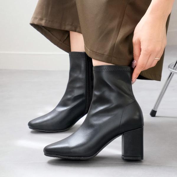 ショートブーツ レディース 7cmヒール ストレッチ 秋冬 歩きやすい 痛くない アミアミ