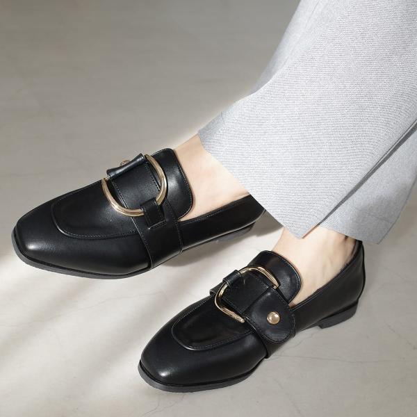 メタルバックル スクエアトウ ローヒール ローファー レディース クッション かかとクッション アミ...