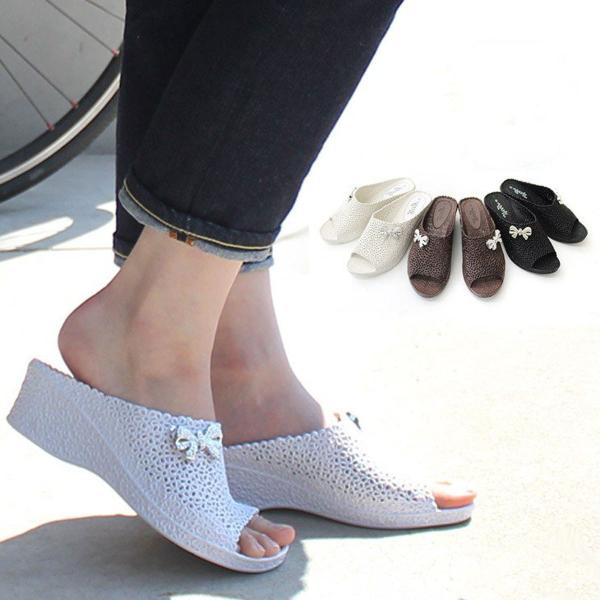 きらきらリボン付きウエッジサンダル サボタイプレディース サボ カジュアル アウトドア ラバーサンダ...