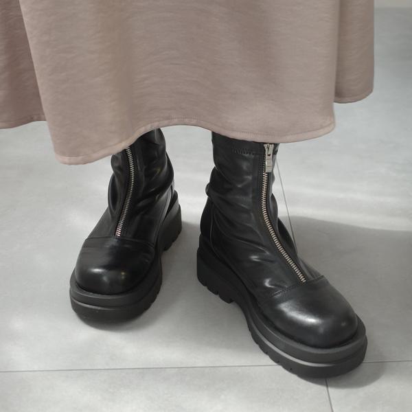 ブーツ ショート フロントジップブーツ レディース 黒 厚底 ストレッチ 伸縮 アンクル アミアミ
