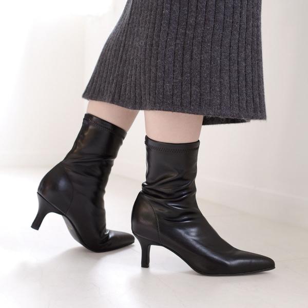 ブーツ レディース ポインテッドトゥ ストレッチ 伸縮 美脚 ピンヒール シンプル amiamiアミ...