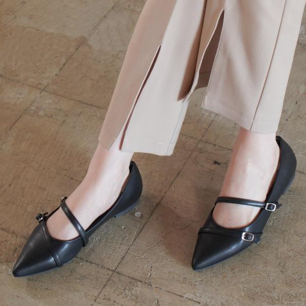 パンプス ぺたんこ ポインテッドトゥ フラットパンプス ストラップ レディース フラットシューズ メ...