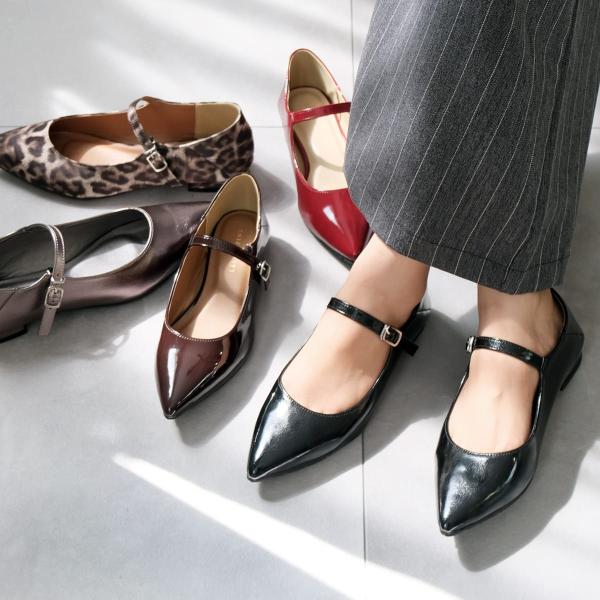 晴雨兼用 生活防水 ポインテッドトゥ メリージェーン ローヒールパンプス レディース 歩きやすい 疲...