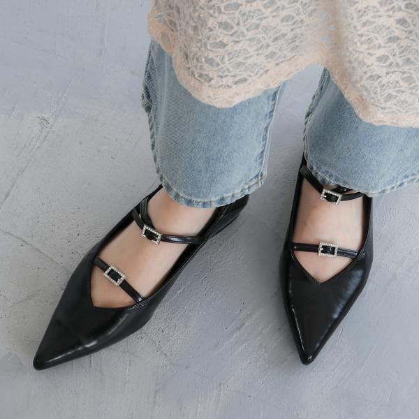 パンプス ラインストーン付きダブルベルト2cm太ヒール レディース ポインテッドトゥ メリージェーン...
