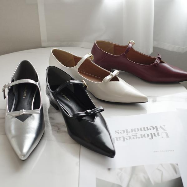 ポインテッドトゥリボンパンプス メリージェーン ストラップ レディース 柔らか ローヒール アミアミ