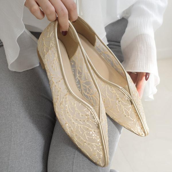 パンプス 歩きやすい ポインテッドトゥ Vカットシアー メッシュ チュール ラメ レディース 春夏 ...