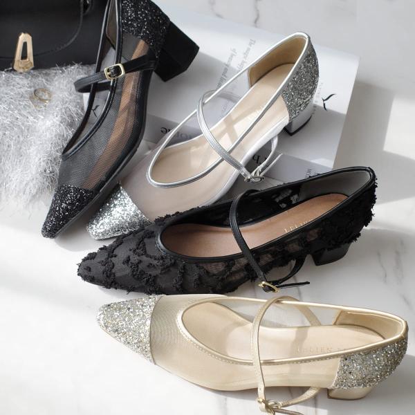 パンプス レディース チュール メリージェーン 4センチヒール 歩きやすい ストラップ 履きやすい ...