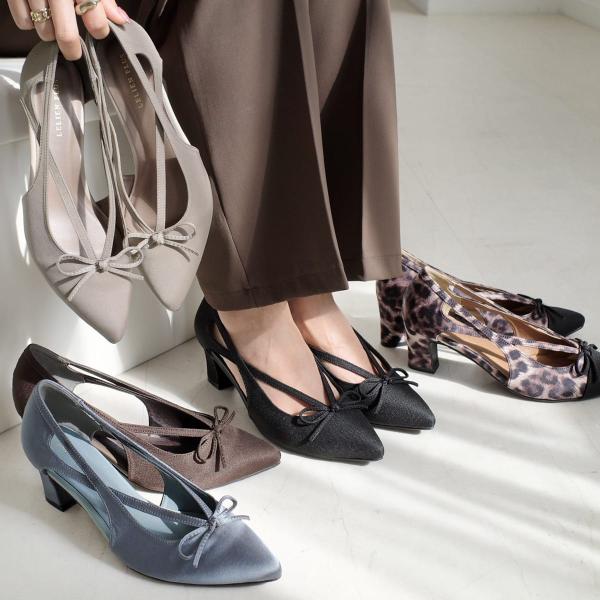 パンプス リボン カットアウト ポインテッドトゥ6センチヒール 美脚 レディース 結婚式  歩きやす...