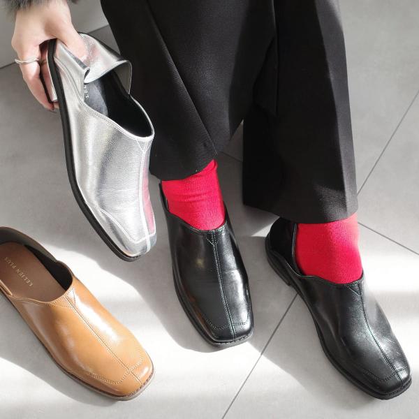 ローファー ローヒール スクエアトゥ 2WAY スライドシューズ ローファー バブーシュ レディース...