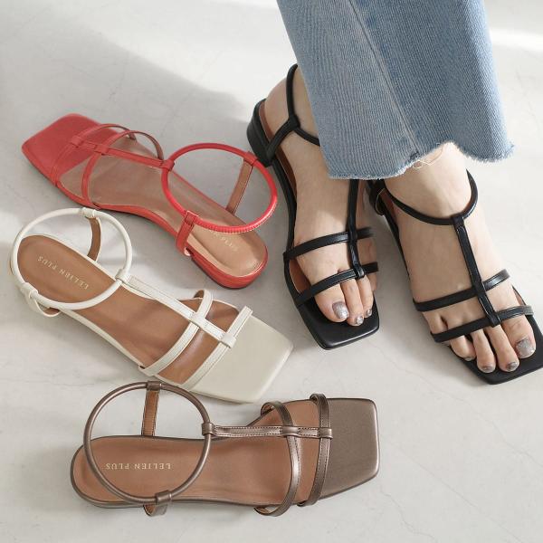 サンダル スクエアトゥ Tストラップ ゴムストラップ レディース ストレッチ 伸縮 ママコーデ am...
