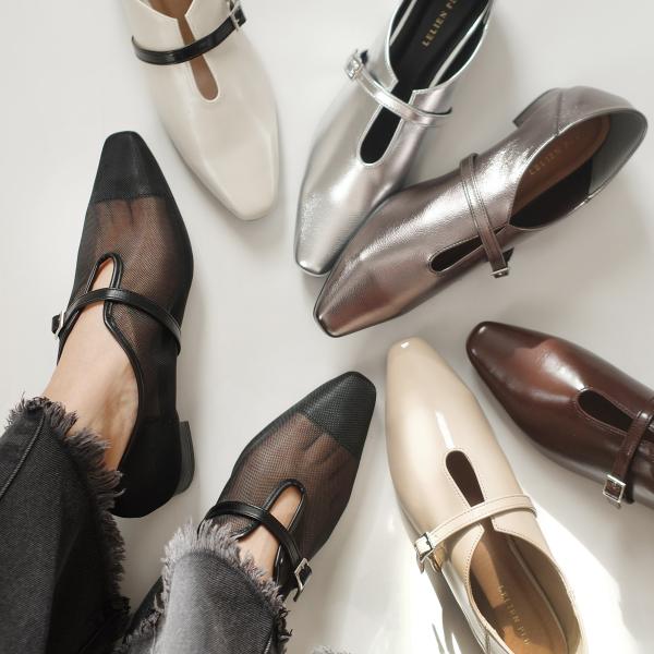 パンプス フラットシューズ 黒 レディース ソフトスクエア  ローヒール バブーシュ セミスクエアト...