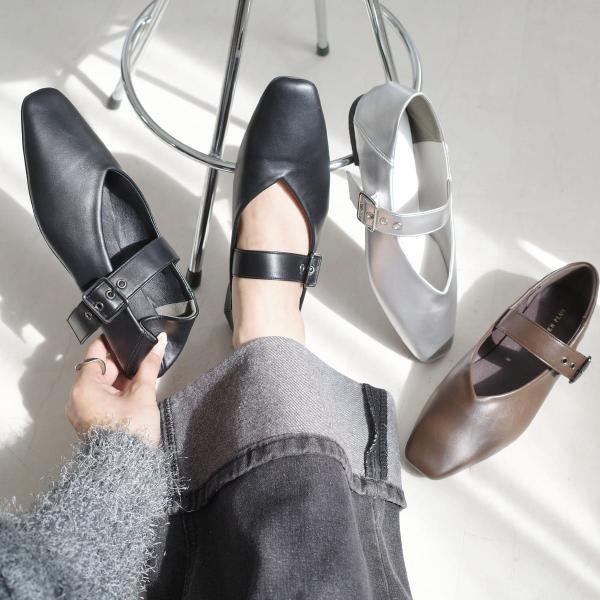 パンプス ストラップ 1センチヒール 歩きやすい レディース 2WAY バブーシュ バックルストラッ...