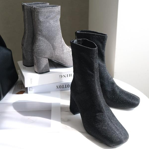 ショートブーツ スクエアトゥ ストレッチショートブーツ レディース チャンキーヒール バックファスナ...