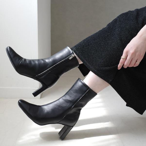 ショートブーツ ミドルブーツ レディース プレートヒール 秋冬 スムース スエード シンプル スクエ...